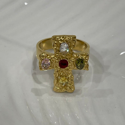 Anello croce "Etrusco" con pietre swarovski (regolabile)