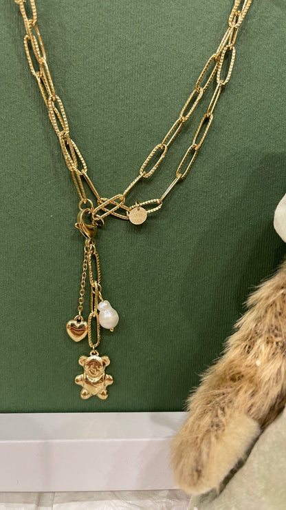 collana charm teddy ,perle e cuore