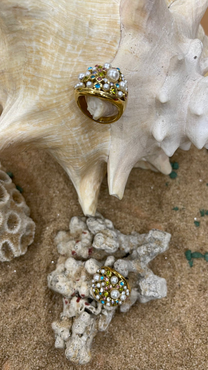 anello " Elegant "  con zirconi colorati e perle in acciaio inox