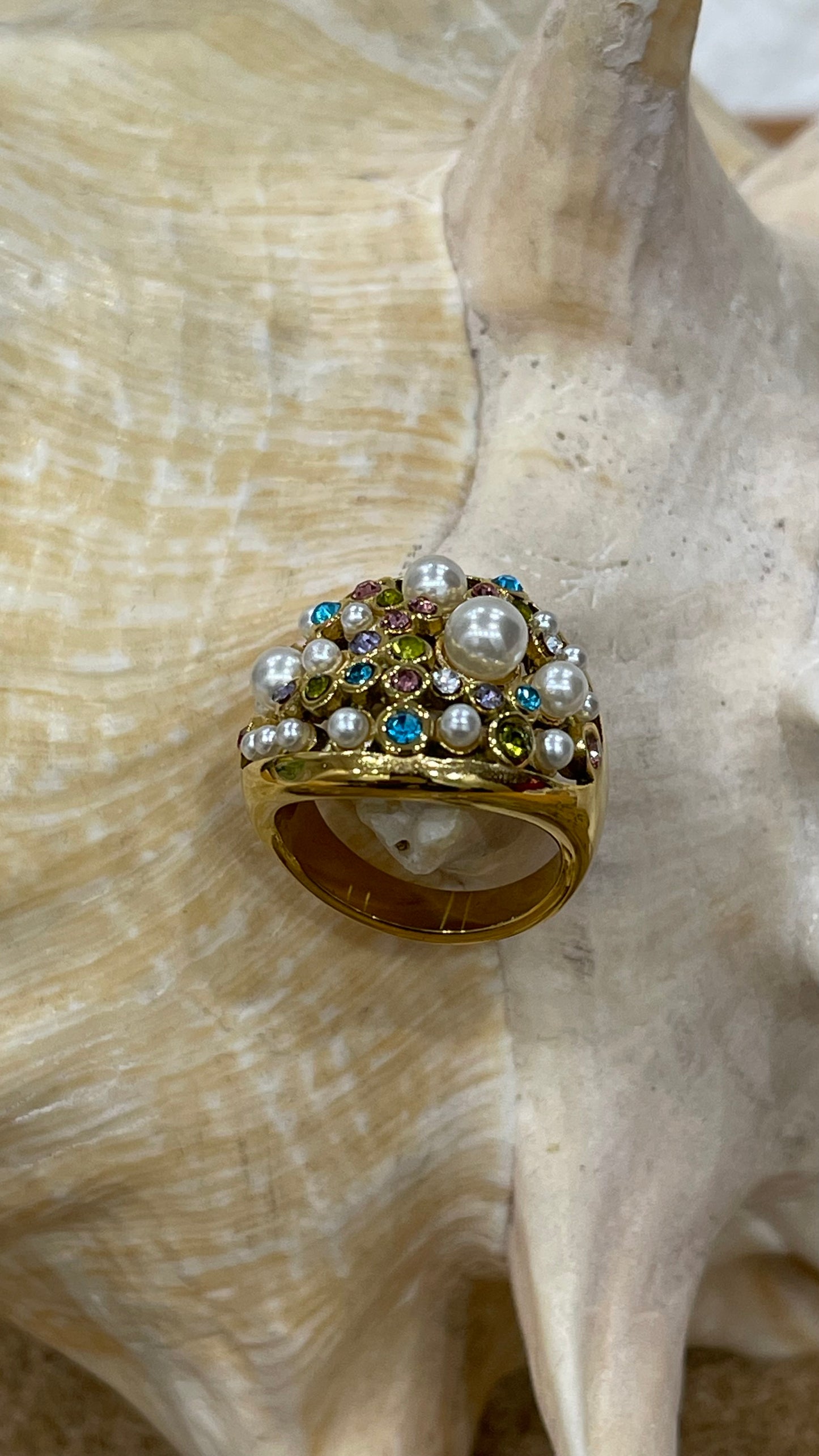 anello " Elegant "  con zirconi colorati e perle in acciaio inox