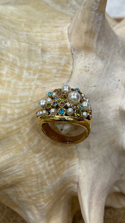 anello " Elegant "  con zirconi colorati e perle in acciaio inox