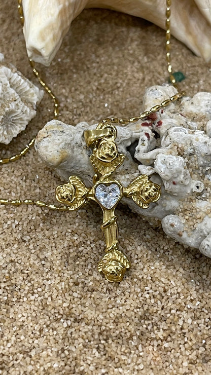 catena modello chicco di riso con croce flower e zircone cuore centrale