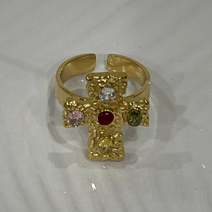 Anello croce "Etrusco" con pietre swarovski (regolabile)